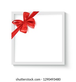Decorative frame with realistic red ribbon bow, holiday background template, vector illustration