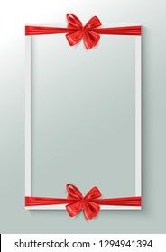 Decorative frame with realistic red ribbon bow, holiday background template, vector illustration