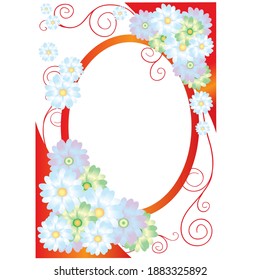 decorative frame in red with blue daisies, isolated object on white background, vector illustration, eps