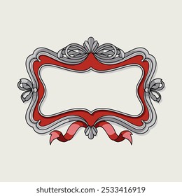 A decorative frame with a red border, ornate silver accents, and two elegant ribbons.  Perfect for adding a vintage touch to your designs.