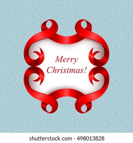 Decorative frame of red ribbon on snowy background.Christmas greeting card