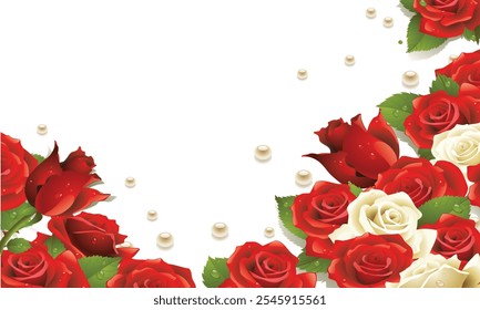 A decorative frame of red and white roses with green leaves, dew drops, and scattered pearls on a white background. Perfect for wedding or romantic-themed designs