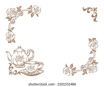 Decorative frame with rose flower and vintage tea cup and teapot. Vector illustration.