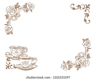 Decorative frame with rose flower and vintage tea cups. Vector illustration.