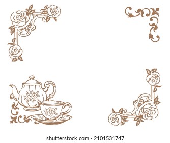 Decorative frame with rose flower and vintage tea cup and teapot. Vector illustration.