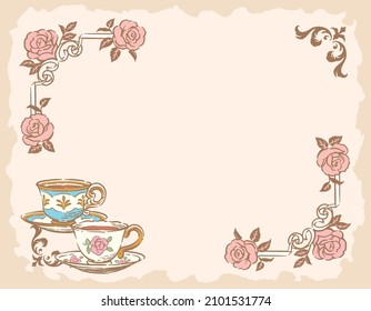 Decorative frame with rose flower and vintage tea cups. Vector illustration.