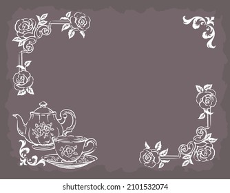 Decorative frame with rose flower and vintage tea cup and teapot. Vector illustration.