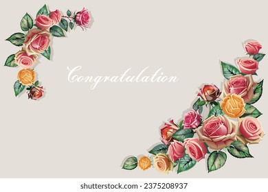 Decorative frame with roses abouquet on beige color background