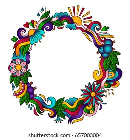 Decorative frame round doodle border with floral elements flowers berries and sun
