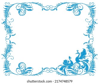 Decorative frame from scribble twigs with leaves, tendrils and fantasy birds