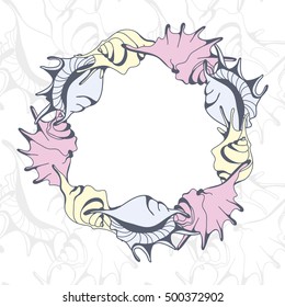 Decorative frame with seashells. ?attern for greeting cards, scrapbooking, print, gift wrap