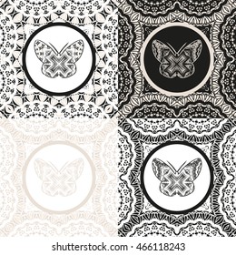 Decorative Frame Set. Abstract Design Pattern with silhouette of butterfly. Colouring book for adult. 