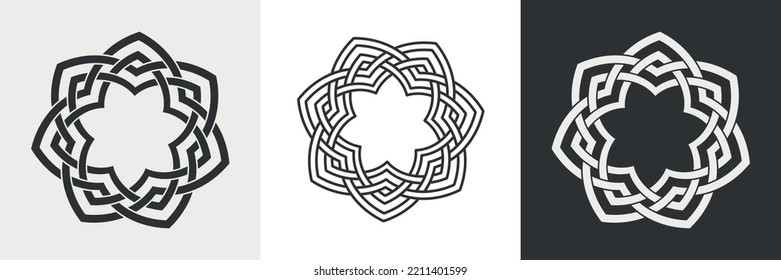 Marco decorativo. Logotipo del portalámparas circular. El patrón simétrico fue la corona. Decoración de silueta, adorno de arte de la línea, cuerda de inversión. Ilustración del vector