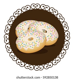 decorative frame with set donuts with strawberry glazed and colored sparks vector illustration