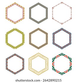 Decorative frame set. Hexagon pattern shape. Ornamental border design. Vector vintage element.