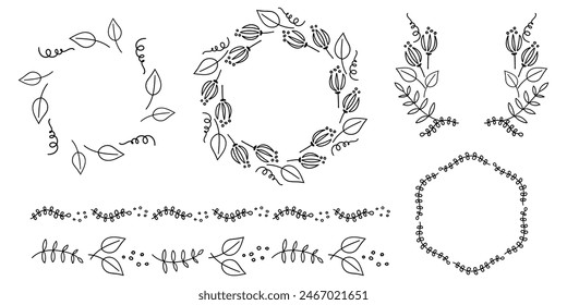 Decorative frame set with leaves and branches, vector illustration