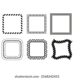 Decorative frame set. Ornamental vector borders. Classic square designs. Black and white patterns.