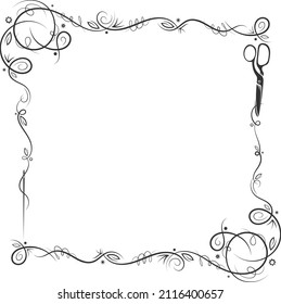 Decorative frame with sewing needle and scissors pattern. Sewing and tailoring design
