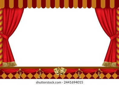 Decorative frame in the shape of a theatrical stage with an open red curtain on a white background. Vector illustration