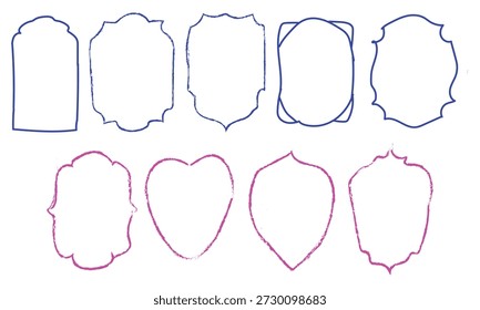  Conjunto de Formas decorativas con elegantes bordes dibujados a mano en azul y rosa en varias Formas creativas. Perfecto para invitaciones, tarjetas de felicitación, carteles, álbumes de recortes, logotipos y obras de arte digitales. Añade un toque de arte y encanto a tus diseños.