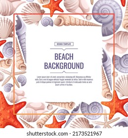 Decorative frame with shells, starfish isolated on white. Square wreath with nautical elements and underwater animals for postcards, nautical party invitations. Cartoon vector illustration