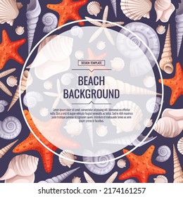 Decorative frame with shells, starfish isolated on white. Square wreath with nautical elements and underwater animals for postcards, nautical party invitations. Cartoon vector illustration