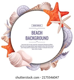 Decorative frame with shells, starfish isolated on white. Round wreath with nautical elements and underwater animals for postcards, nautical party invitations. Cartoon vector illustration