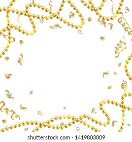 Decorative frame with shiny realistic gold beads, jewelry, vector illustration background