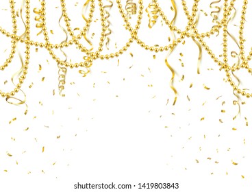 Decorative frame with shiny realistic gold beads, jewelry, vector illustration background