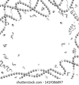 Decorative frame with shiny realistic silver beads, jewelry, vector illustration background