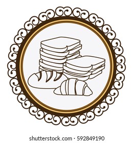 decorative frame with silhouette stack slices bread and croissant vector illustration
