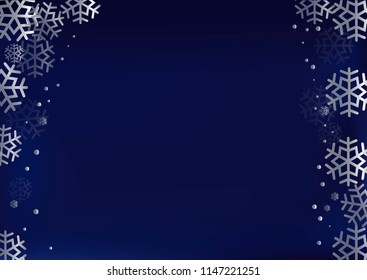 Decorative frame of silver snowflakes and dots on dark blue background with for decoration, text, greeting card, wedding invitation, New year and Christmas design, winter design, poster, banner