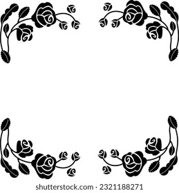 Decorative frame with a simple retro rose silhouette. Easy-to-use graphic templates. It consists of rose flowers, buds and leaves. It will be gorgeous if you use it when making a round frame.