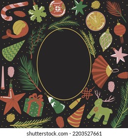 Decorative frame with space for text. Christmas ornament from fir-tree branches, toys, ornaments. New Year greeting card. November sale and black Friday. Flat style in vector illustration.