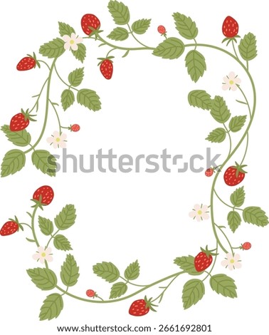 A decorative frame of strawberry vines with leaves and flowers in a playful style. Strawberries and blossoms entwine in a charming border pattern. Cartoon vector illustration.