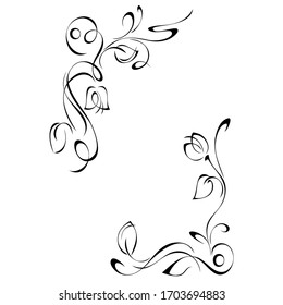 decorative frame with stylized flower buds on stems with leaves and vignettes in black lines on a white background