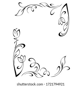 decorative frame with stylized flower buds on stems with leaves and vignettes in black lines on a white background