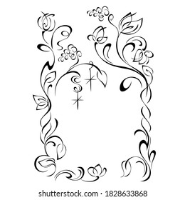 decorative frame with stylized flower buds on stems with leaves and vignettes in black lines on a white background