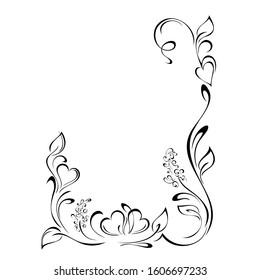 decorative frame with stylized flowers, leaves, hearts and vignettes in black lines on a white background