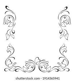 decorative frame with stylized flowers, leaves, hearts and vignettes in black lines on a white background