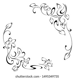 decorative frame with stylized flowers on stems with leaflets and curls in black lines on a white background