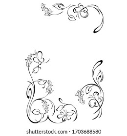 decorative frame with stylized flowers on stems with leaves, butterflies and vignettes in black lines on a white background