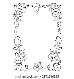 decorative frame with stylized flowers on stems with leaves and vignettes in black lines on a white background