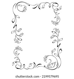 decorative frame with stylized flowers on stems with leaves and vignettes and with one swan in black lines on a white background