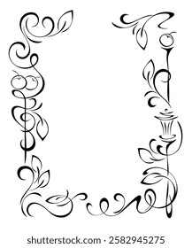 decorative frame with stylized foliage ornament, apples, street lamp and vignettes; graphic design