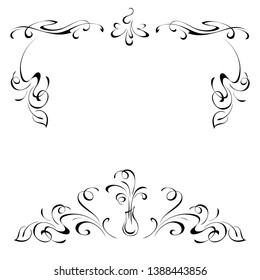 decorative frame with stylized foliage, vignettes and a vase of flowers in black lines on a white background