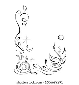 decorative frame with stylized swans, moon, stars and vignettes in black lines on a white background