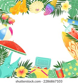 Decorative frame with summer beach accessories and tropical leaves in bright colors, Vector illustration