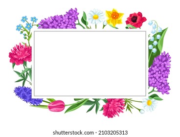 Decorative frame with summer flowers. Beautiful decorative bouquet of blooming plants.