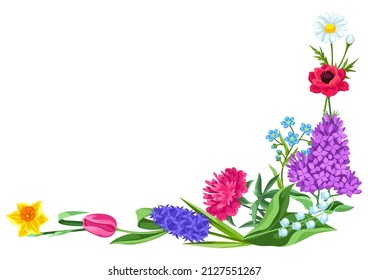 Decorative frame with summer flowers. Beautiful decorative bouquet of blooming plants.